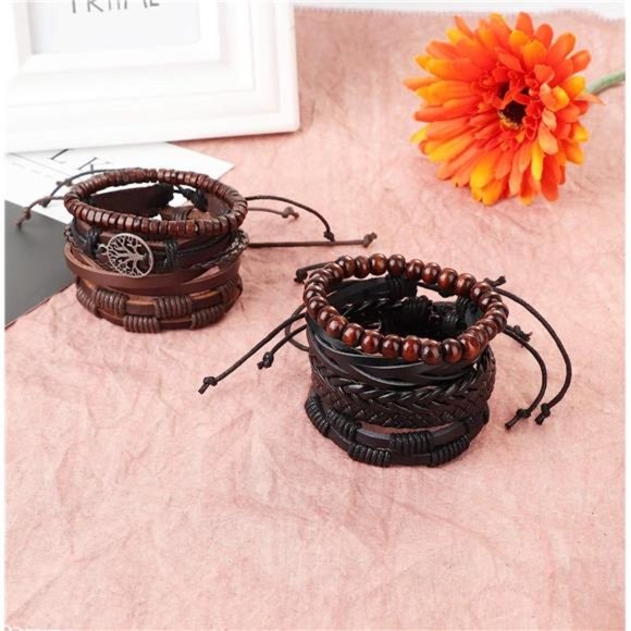18pc Braided Leather Bracelets for Men Women Woven Cuff Wrap Bracelet Wood Beads - Picture 2 of 6